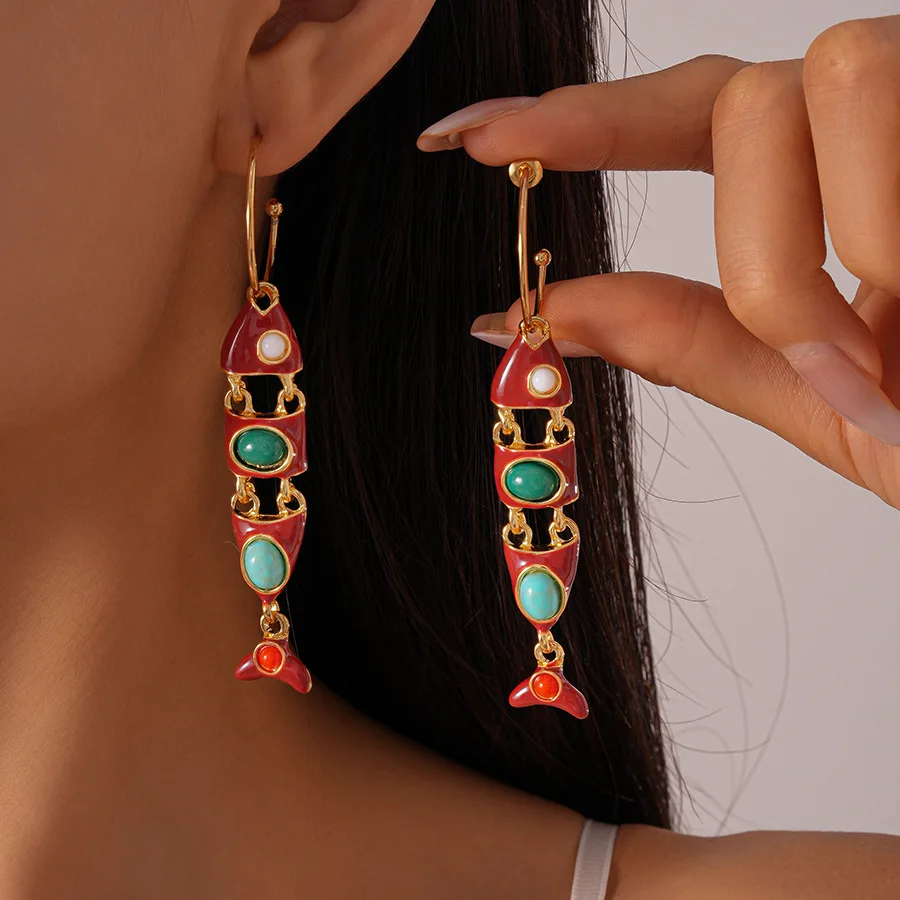 

Creative Vintage Colorful Dripping Oil Fish Dangle Earrings Bohemian Enamel Splicing Long Tassel Drop Earring Charms New Jewelry