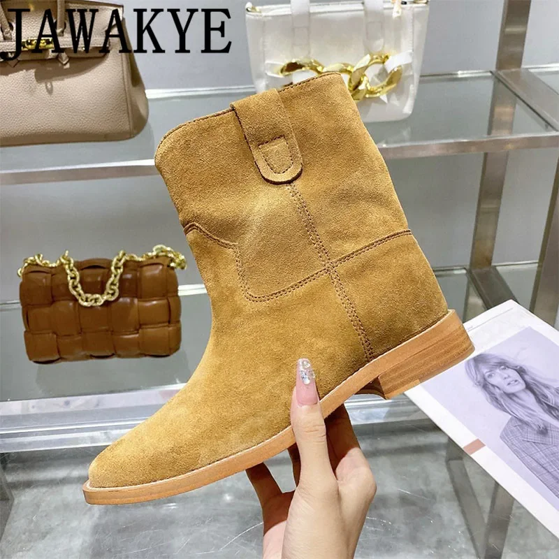 Inner Wedge Heel Ankle Boots For Women Round Toe Casual Comfort Chelsea Boots Genuine Leather Real Suede Leather Shoes Women