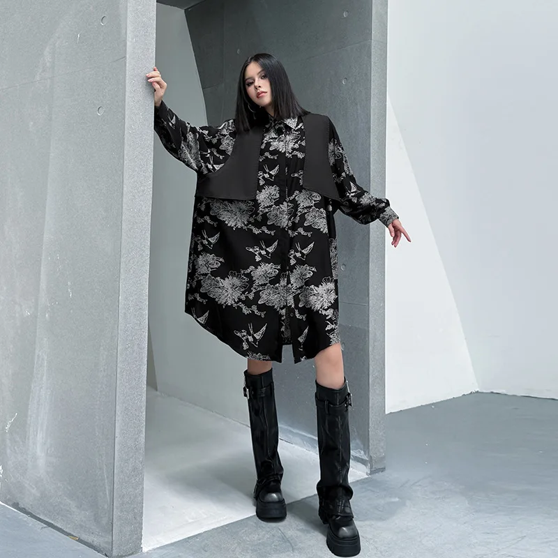 Frauen Kleider Drucken Kleid Faux Punk Gothic Drehen Unten Kragen Lange Ärmel Knielangen Lose Beiläufige Streetwear 2025, Frühling Herbst