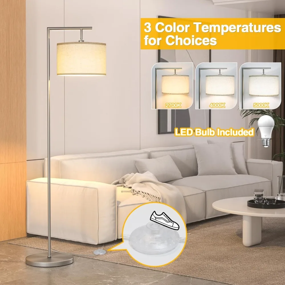 Floor Lamp for Living Room with 3 Color Temperatures Standing Lamp with Adjustable Beige Linen Lampshade Tall Lamps , 9W LED