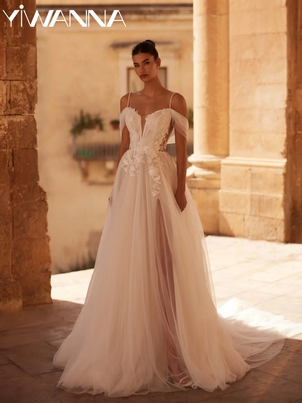 

Shinny Lace Appliques Wedding Dress Illusion Off Shoulder High Slit Bridal Gown Customized A-line Dreamy Dresses For Bride