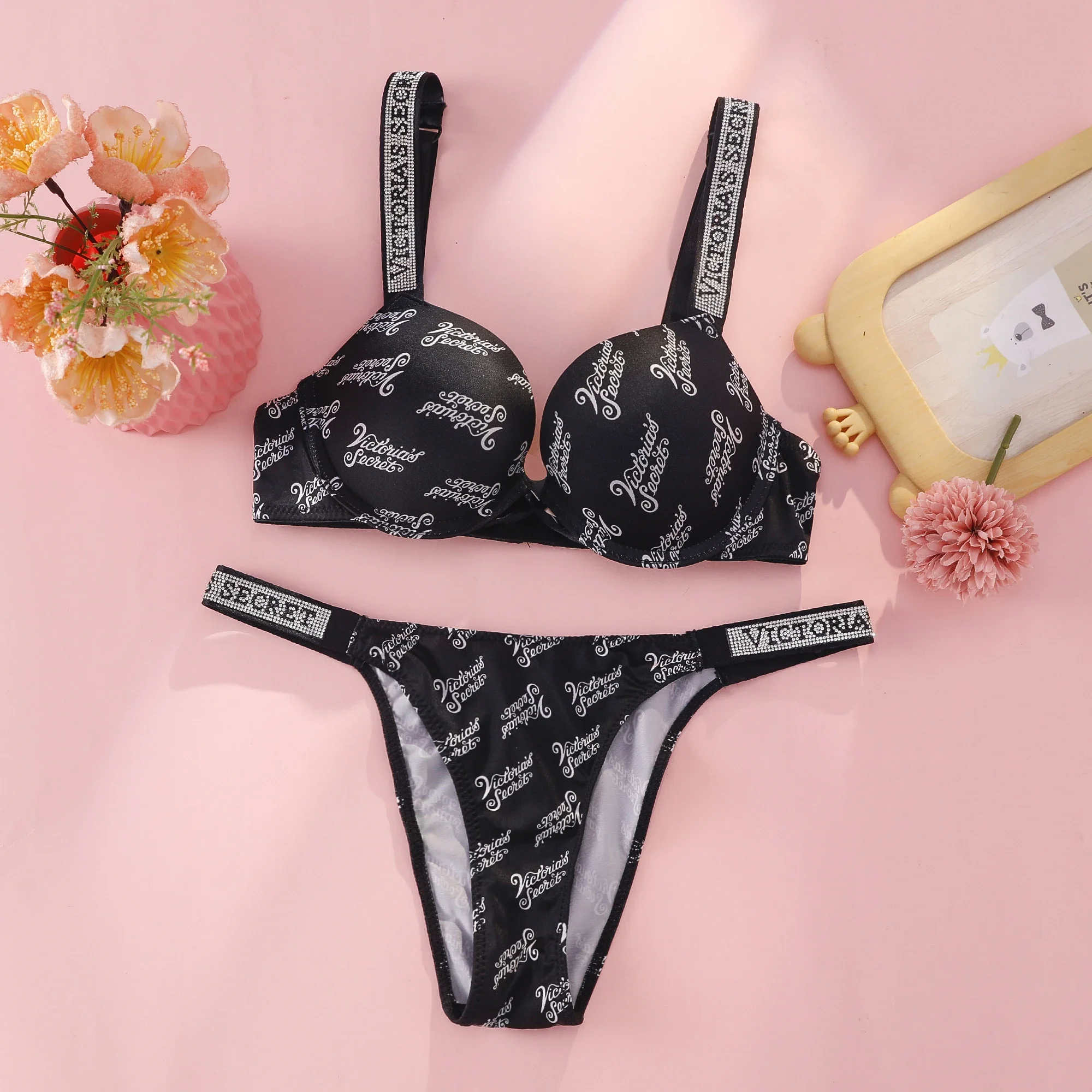 Victoria s Secret Push Up Bra And Panties Set For Women Rhinestone Logo Shoulder Straps Lace Underwear Sexy Lingerie Set view 6