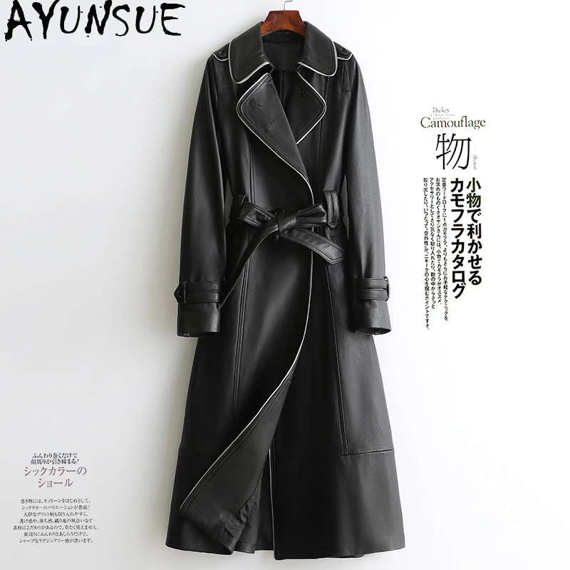 

AYUNSUE High Street Leather Jacket Women Clothing Fashion Korean Black Sheepskin Long Leather Coat Spring Autumn Trench Coat Zm