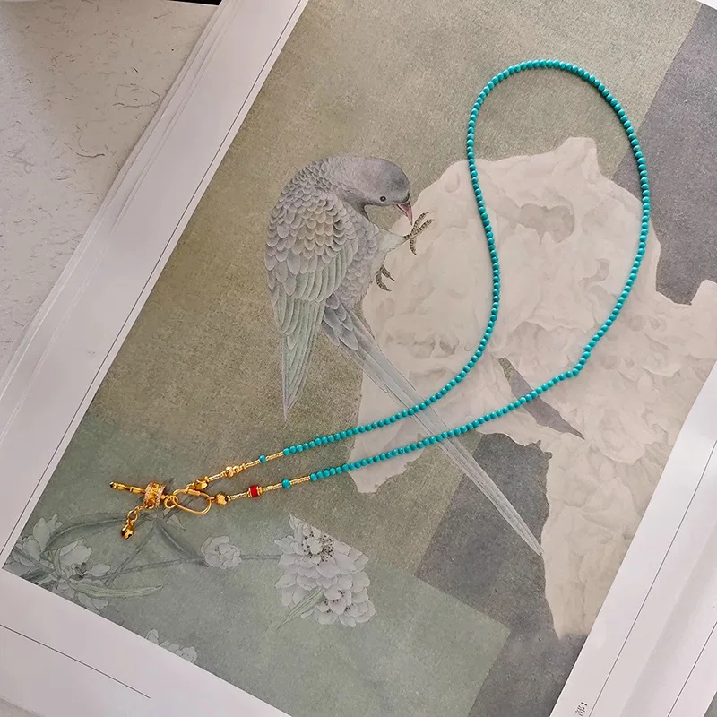 Turquoise Tone Beaded Long Necklace with Prayer Wheel Pendant Modern Chinese Style Adjustable Layering Choker for Women Jewelry