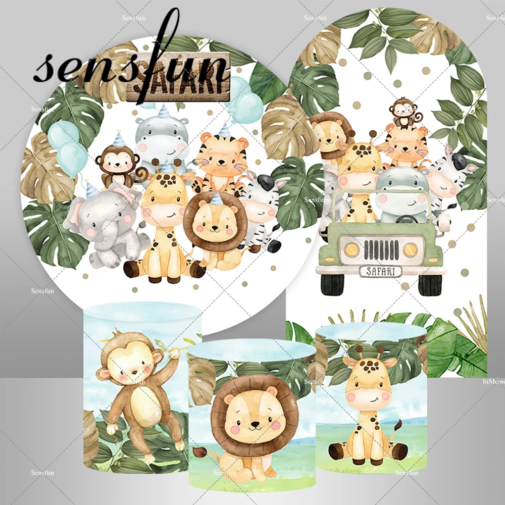 

Baby Animals Elephant Lion Round Backdrop Cover for Kids Safari Jungle Birthday Party Green Leaves Driving Car Arch Background