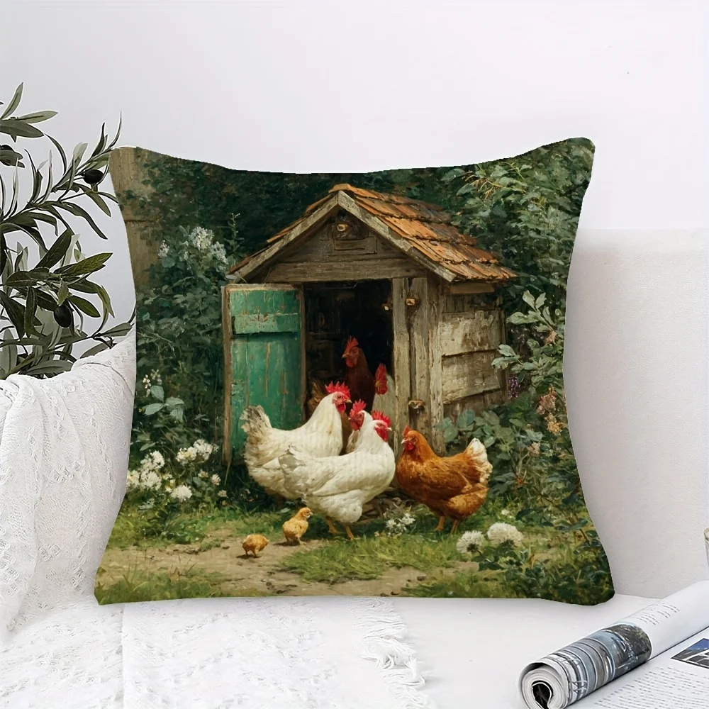 Double Sided Vintage Chicken Coop Hen and Chicks Pattern Decorative Throw Pillow Case Farmhouse Art Cushion Cover Sofa Home