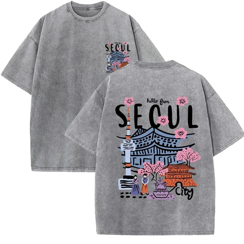 

Seoul Beautiful Scenery Printed Washed T Shirt Female Summer Crewneck Clothes Trendy Cotton Short Sleeve Casual New T-Shirts