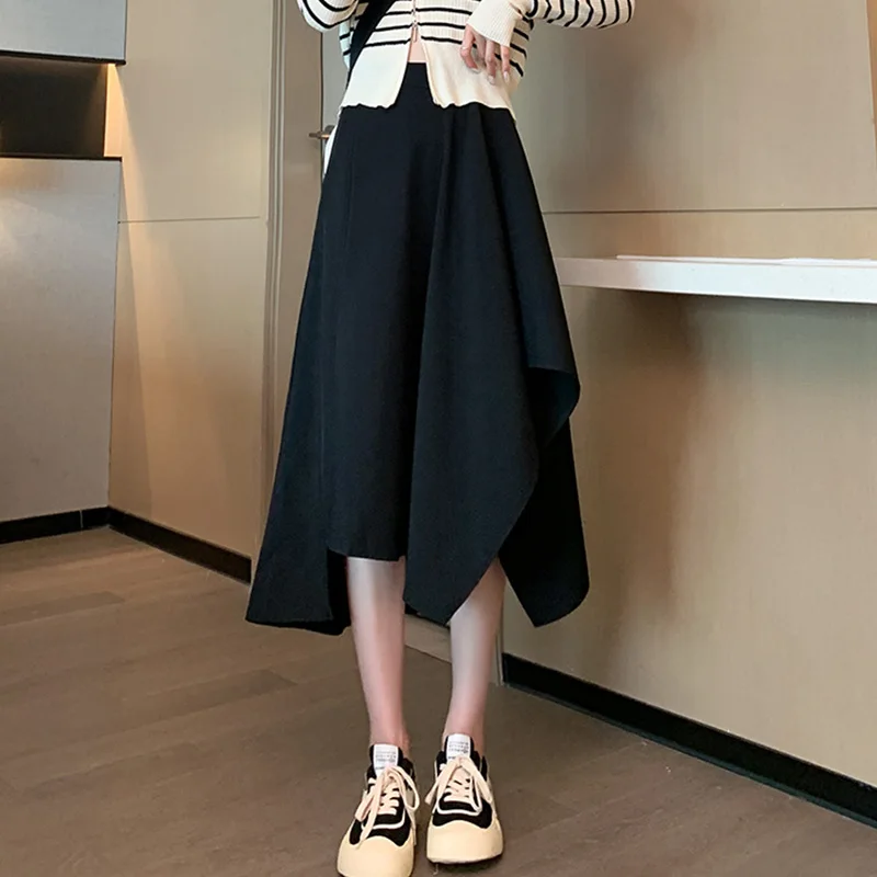 Moda Gonne irregolari nere Donna Autunno Inverno Coreano Gonne larghe a vita alta per donna Gonna a metà polpaccio con cerniera femminile