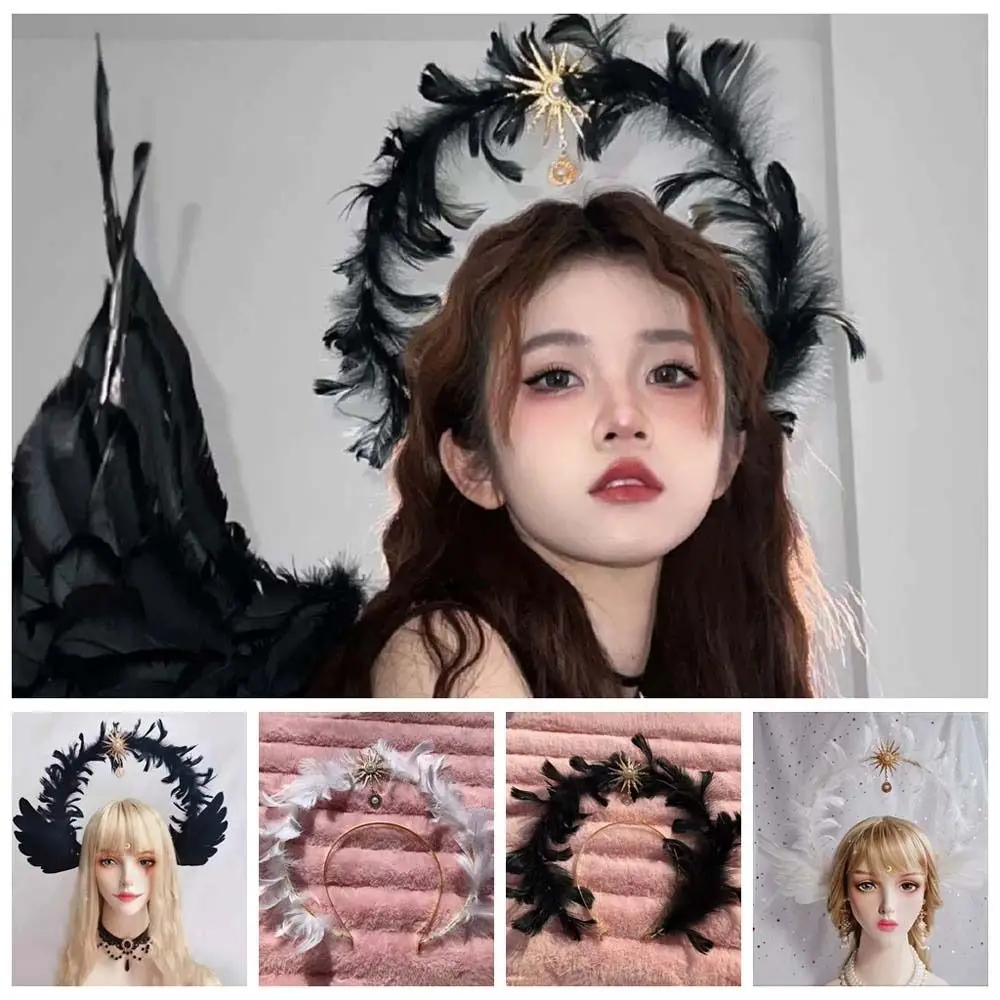 

Повязка на голову с перьями богини в форме звезды, обруч для волос с крыльями ангела, двухслойные аксессуары для волос, ленты для волос в стиле Лолиты для женщин/девочек