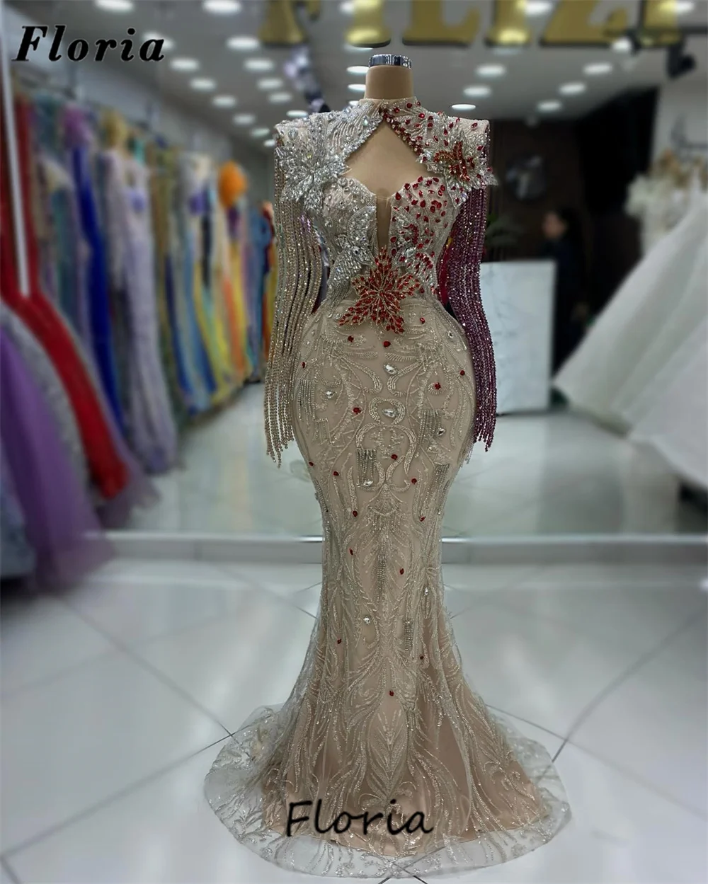 Long Tassel Shoulder Prom Dresses Custom Made Beading Crystals Women Evening Dress Robes De Soiree Mermaid Wedding Party Gowns