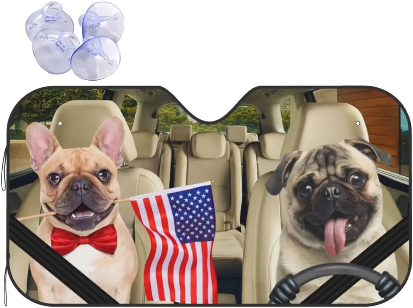 Funny French Bulldog Pug Dog Driving Car American Flag Puppy Pet Animal Themed Printed Car Windshield Sun Shade Blocks Uv Rays