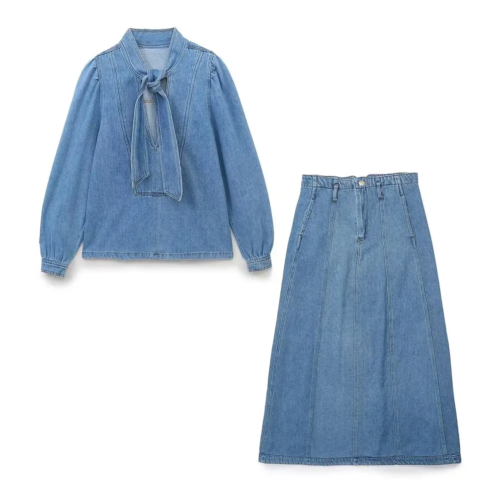 2024ZAR Spring/Summer New Women's Fashion and Versatile European and American Style Bow Decoration denim shirt cape skirt