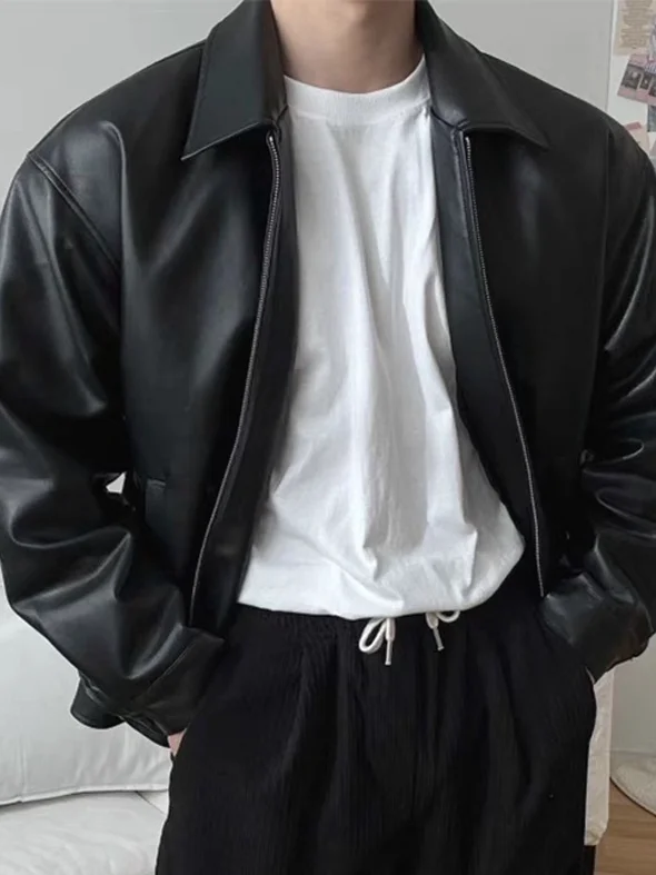 

Повседневное мужское пальто из искусственной кожи с откидным воротником, очаровательное пальто пилота, ветрозащитное, легкое, длинное, све, на молнии