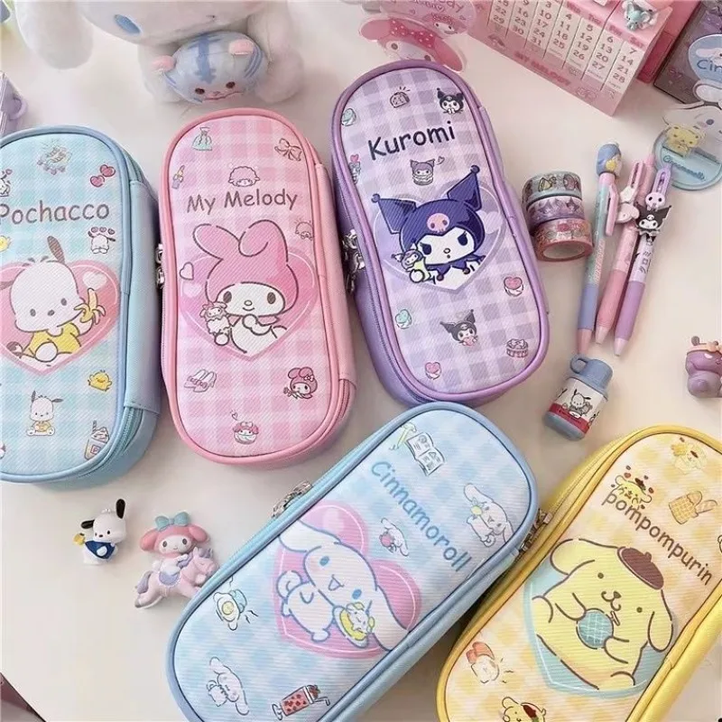 

New Sanrio MINISO Melody Kuromi PU stationery box cinnamon roll Pochacco cartoon zipper student pencil bag cosmetics storage bag