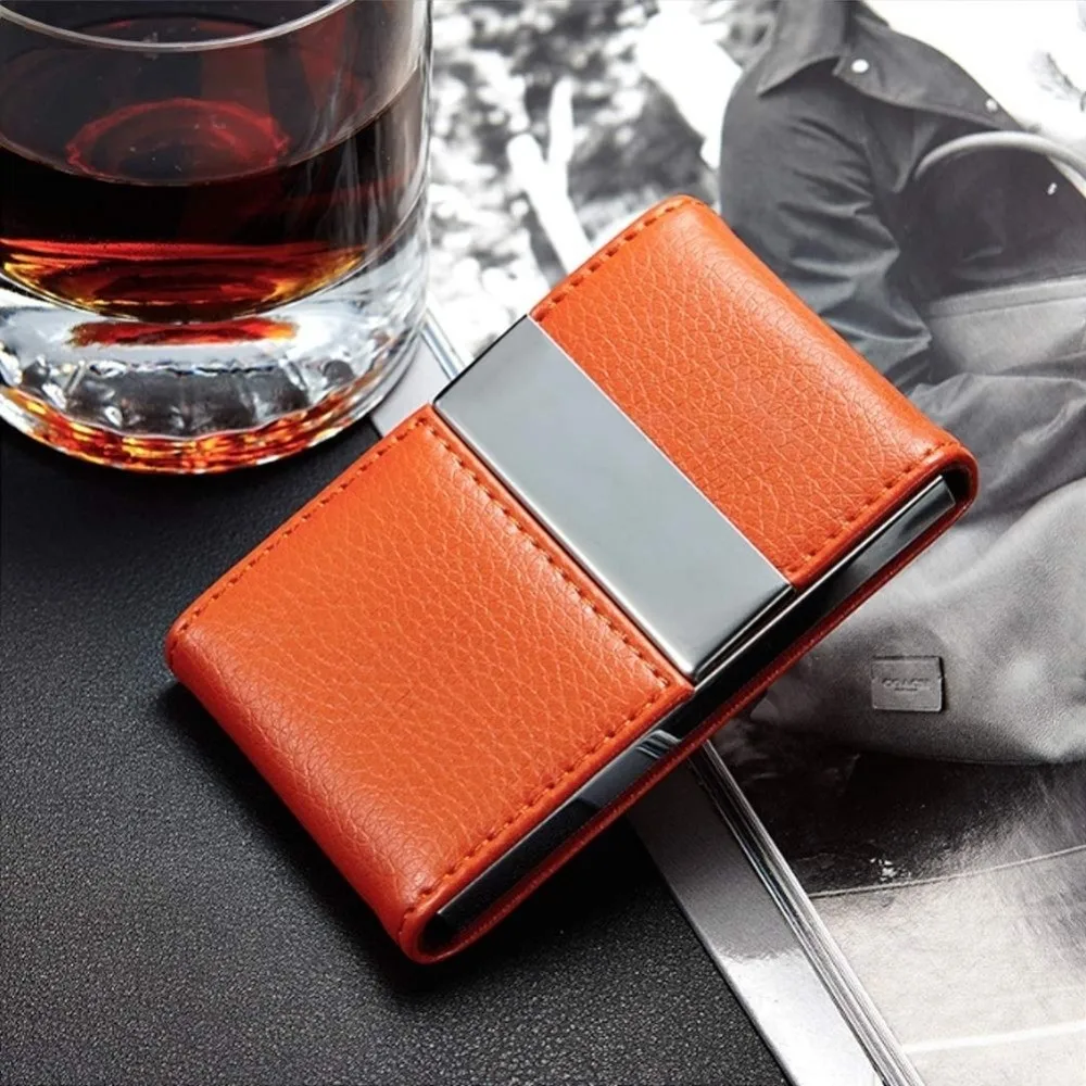 Stainless Steel Business Card Holder Double Open Magnetic Credit Card Case PU Two Compartments Name Card Holder Business Cards