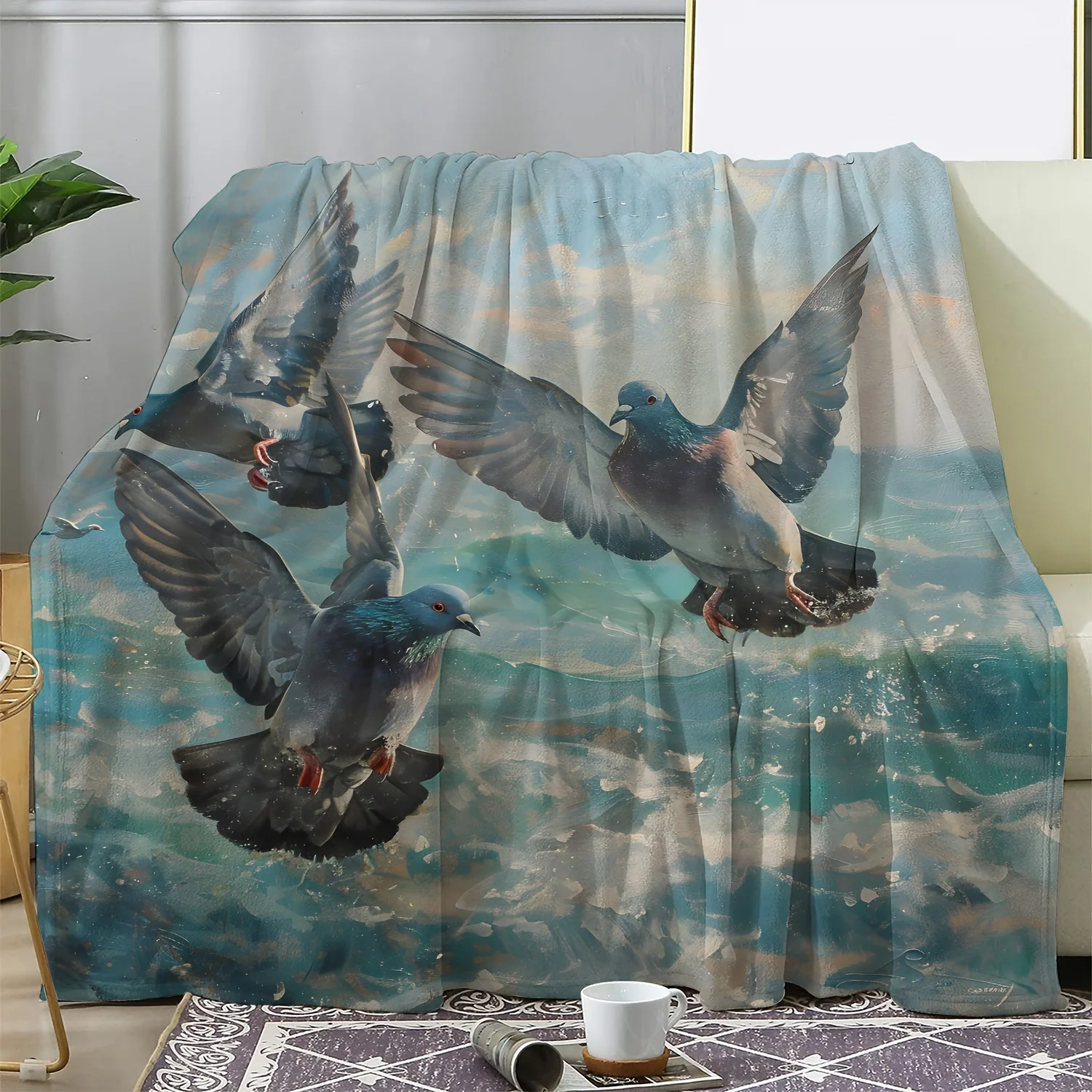 Vintage Ocean Pigeon Print Flannel Blanket - Soft, Warm & Cozy for Couch, Bed, Car, Office, Camping | All-Season Gift Throw, Fla