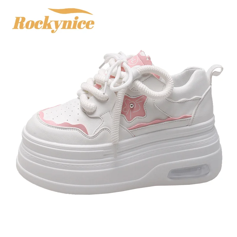 

Women 8CM Leather Sneakers Autumn Spring Lace-up Casual Walking Shoes Chunky Sneakers High Platform Sport Skateboard Shoes Woman