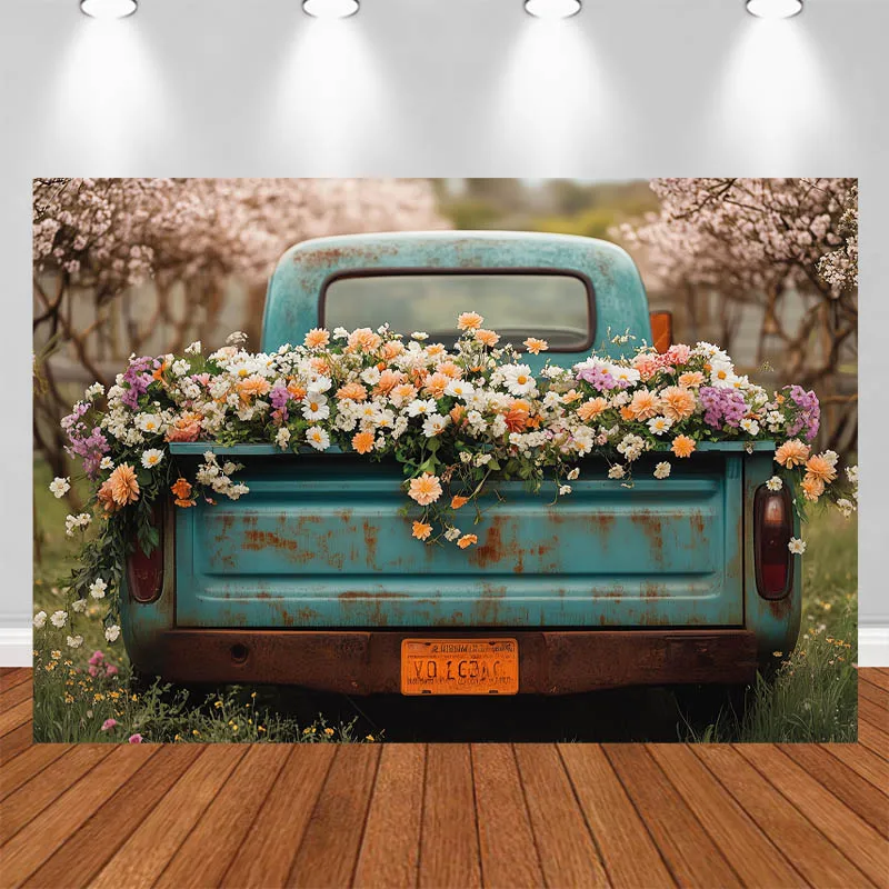 

LS Photography Background Rusty Car White Yellow Flower Wreath Grass Decor Adult Portrait Photo Backdrop Studio
