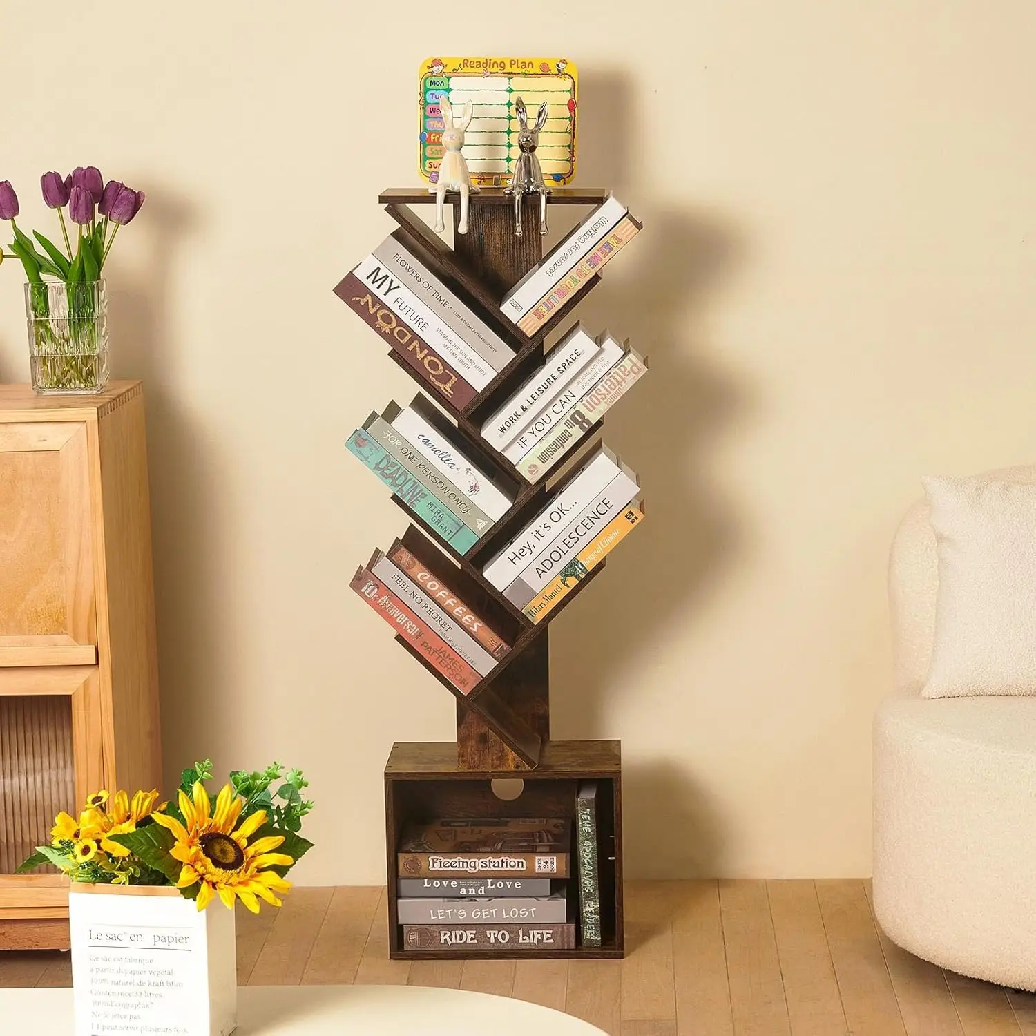 

7 Tier Tree Book shelf, Small Bookcase with Reading Planner and Activity Panel, Modern Floor Standing Corner Tall Narrow