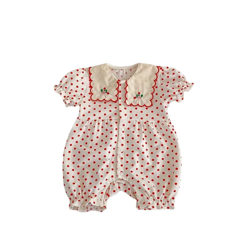 2023 New In Summer Puff Sleeve Dot Embroidery Flower Ruffles Outfits Infant Kids Baby Girls Jumpsuits Newborn Cotton Romper