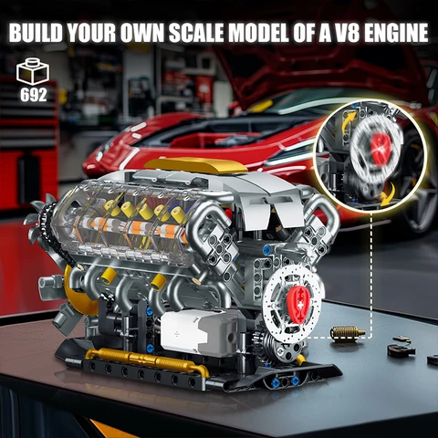 Конструктор MOC Technik: Модель автомобиля с электрическим двигателем V8, развивающая игрушка, подарок на Рождество для взрослых — внешний вид товара