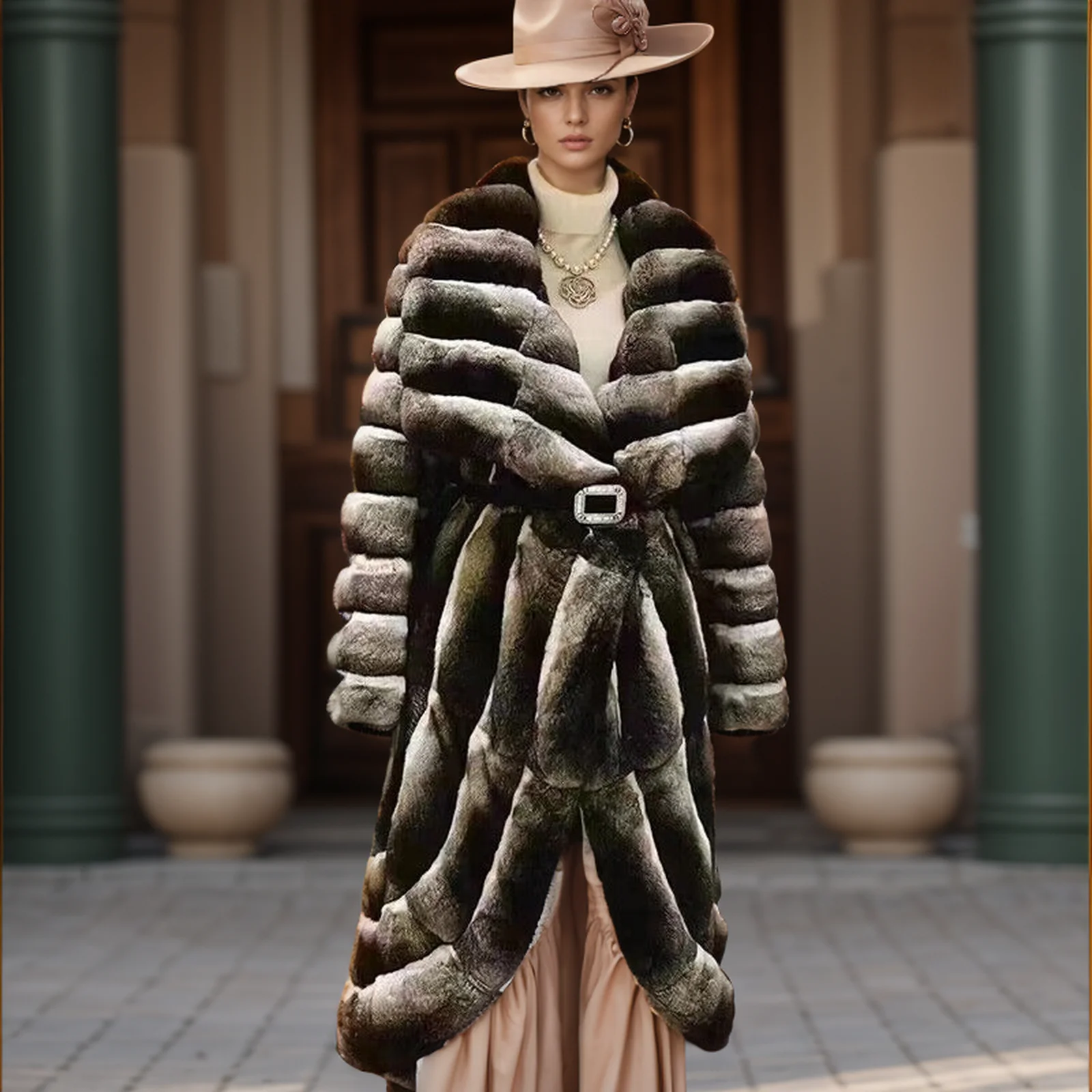 

Women Chinchilla Full Pelt Real Rex Rabbit Fur Coat jacket Large Lapel Stripe Overcoat for female lady winter thickened outwear