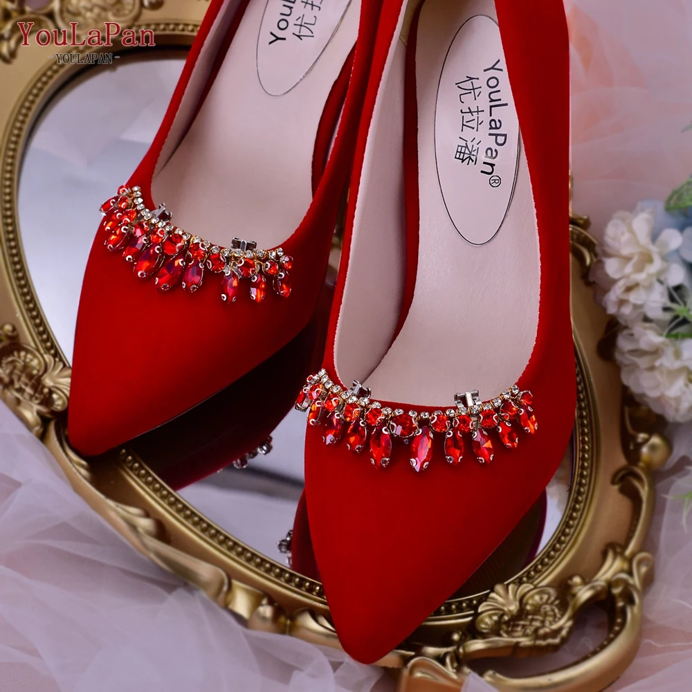 YouLaPan HX39 Red Rhinestone Removable Shoe Clips Wedding Shoes Buckle Women Shoes Accessories Charm Bridal Crystal Decorations