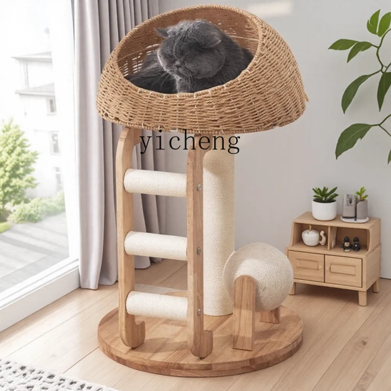 

FY Solid Wood Cat Climbing Frame Nest Tree Scratching Board Summer Rattan Space Capsule Sisal Ball Cat Toy
