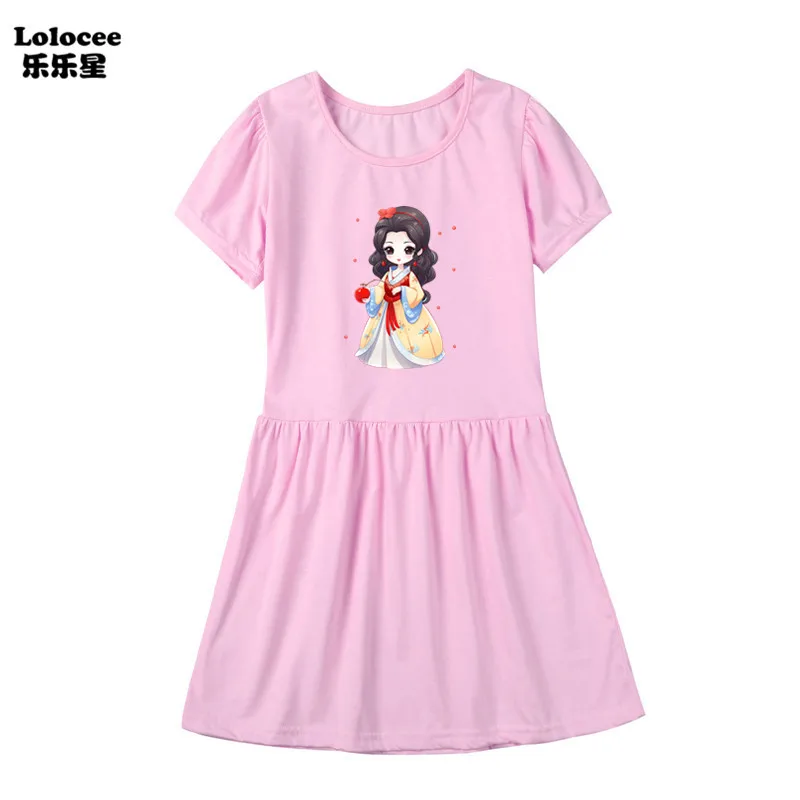Girls Fashion Short Sleeve Dresses Cute Cat Print Princess Dress New Kids Summer 3-14Y Birthday Clothes