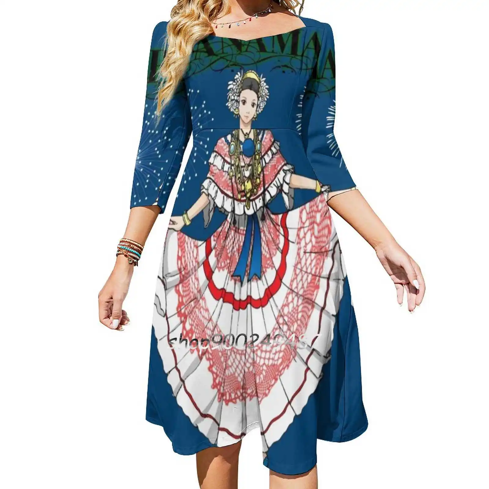 

Panama Square Neck Dress Cute Loose Print Dresses Elegant Beach Party Dress