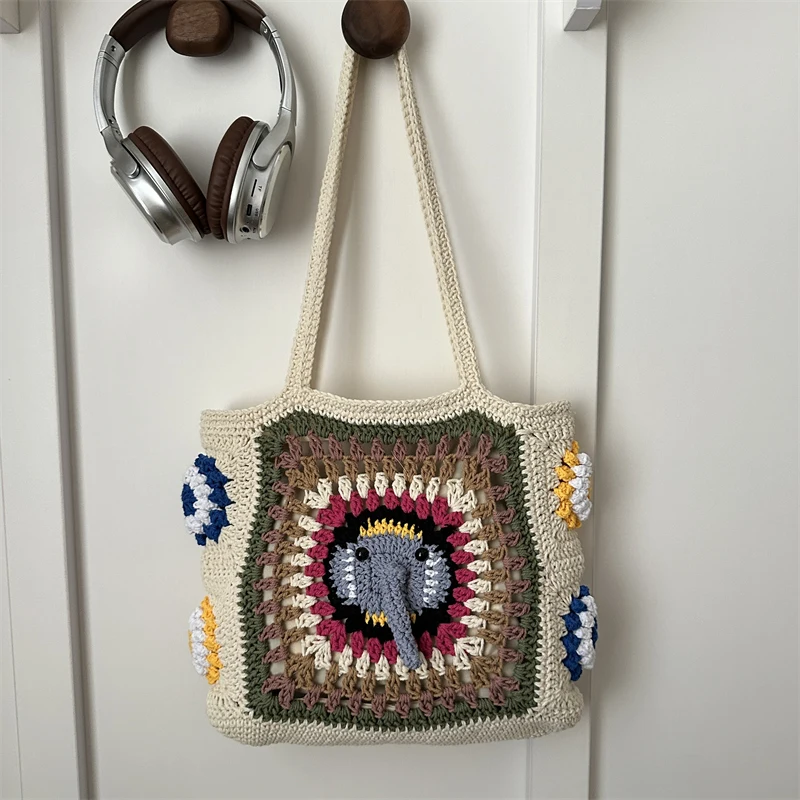

Bohemian Elephant Crochet Tote Bag Square Woven Shoulder Bag Colorful Floral Crochet Hobo Purse for Women Summer Beach