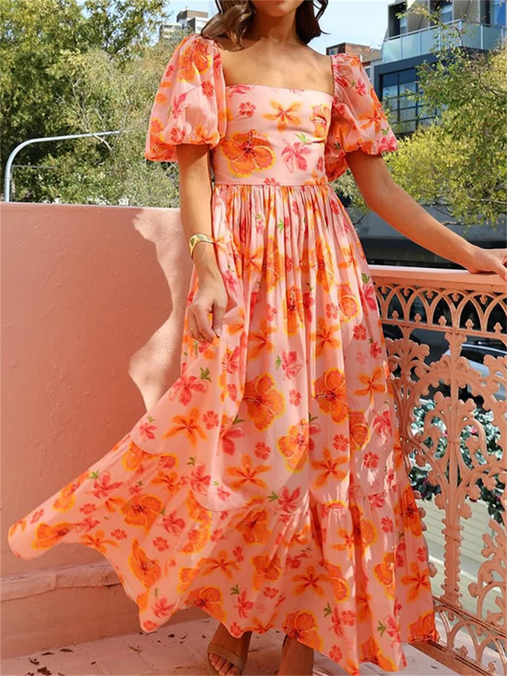 

Fashion Print Floral Square Collar Long Dress for Women 2024 Summer Short Puff Sleeve High Waist A-line Dresses Robe