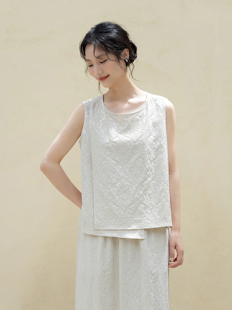 

New Le Collection Silk Cotton Blend Summer Thin round Ne Lightweight Chinese Sle Vest Top Ivory Color Commute Sle Wom...