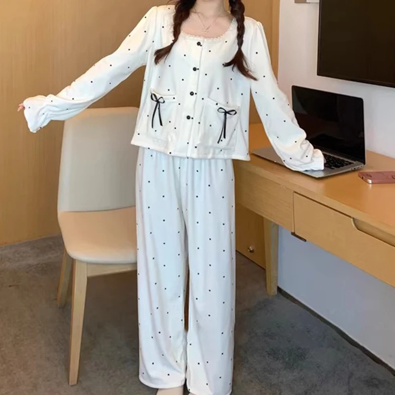 

Женская милая элегантная домашняя одежда в корейском стиле с кружевным бантом и украшением в горошек, домашняя одежда, топы с длинными рукавами + повседневный комплект брюк