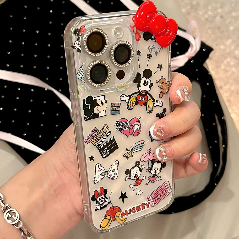 Cute 3D Bow Mickey Minnie Cartoon Phone Case for IPhone 16 15 14 13 12 11 Pro Max Drop-resistant Back Cover Girl Gift