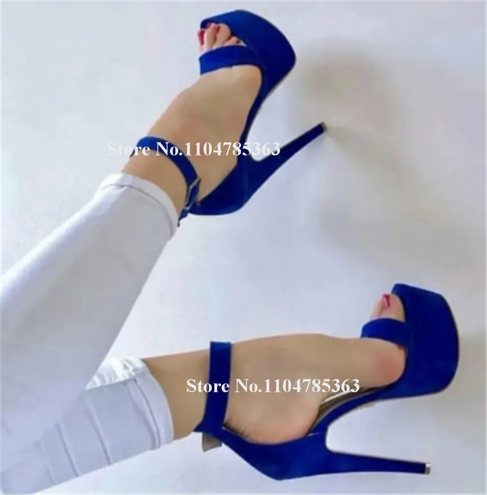 

Elegant Blue Black Suede Stiletto Heel Sandals Sexy Open Toe One Strap High Platform Thin Heel Party Heels Big Size