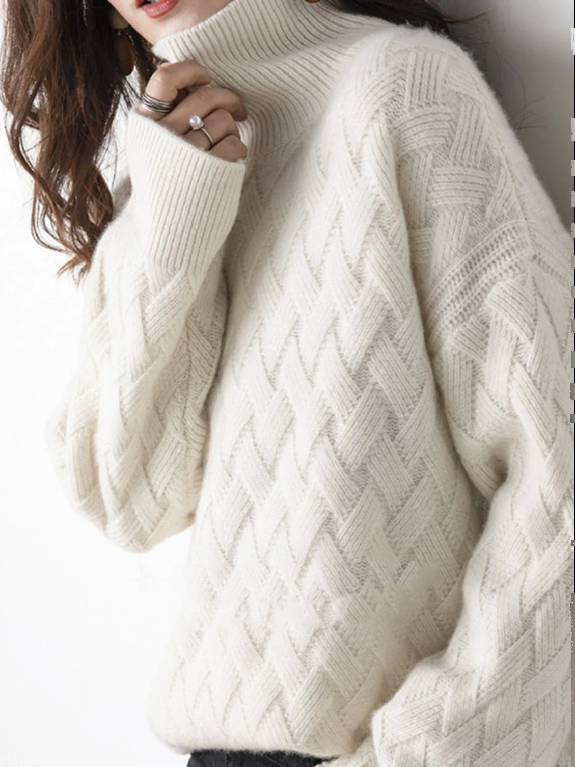 سترة كشمير بياقة مدورة للخريف/الشتاء، بلوفر سميك فضفاض للنساء، سترة من الكشمير