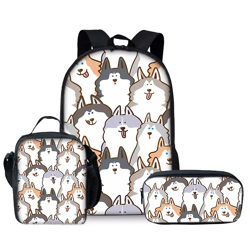 

Популярная новинка в стиле хип-хоп с 3D принтом собаки, 3 шт./компл., школьные сумки для ноутбука, рюкзак, рюкзак через плечо, сумка для обеда, пенал