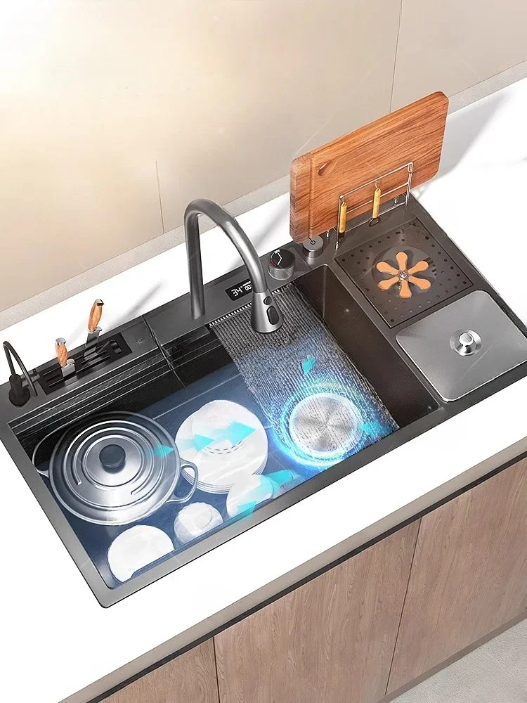 New Stainless Steel Waterfall Kitchen Sink Wash Basin Extra Large Single Bowl With knife holder And Chopping Board Rack
