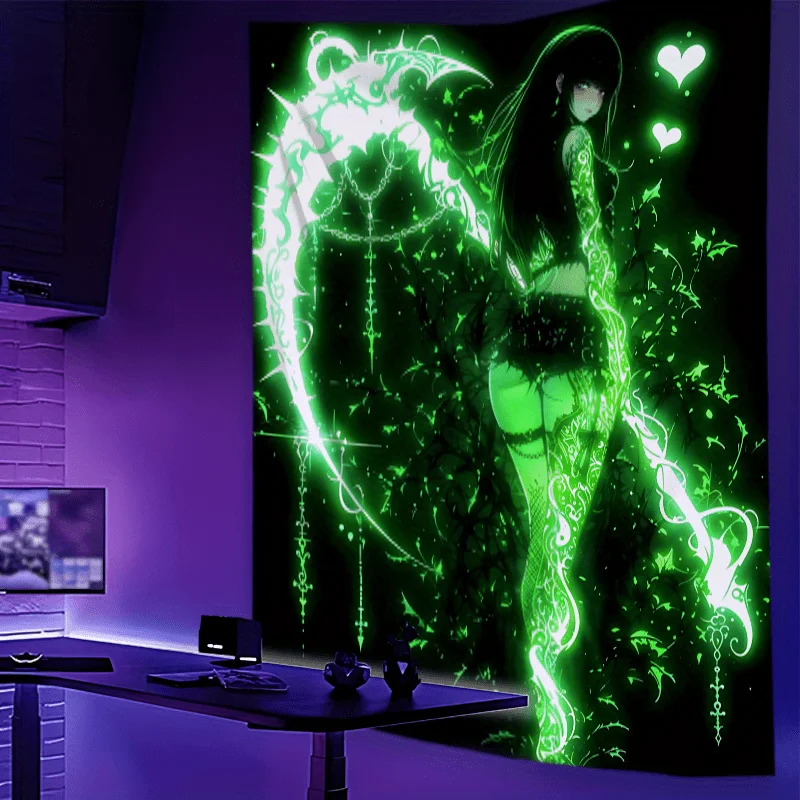 VIKAMA Blacklight Anime Girl Tapestry Neon Green Gothic Scythe Dark Manga Wall Hanging UV Otaku Kawaii Room Art Decor