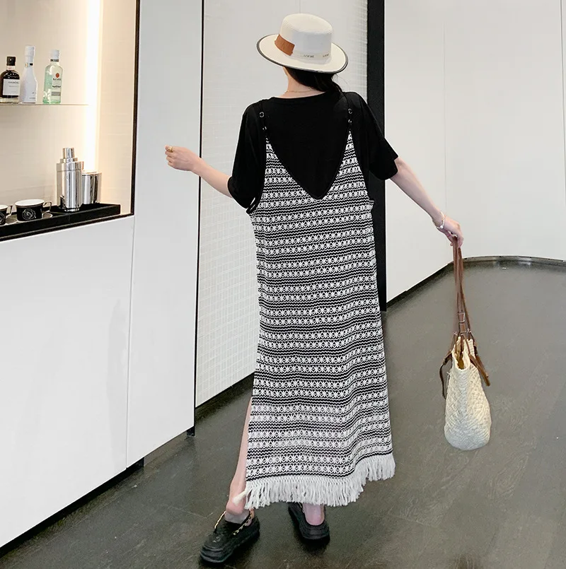 Abito lungo estivo Abito da donna con maniche corte larghe e larghe T-shirt con cinturino appeso Abito con bretelle con nappe a righe Set da due pezzi