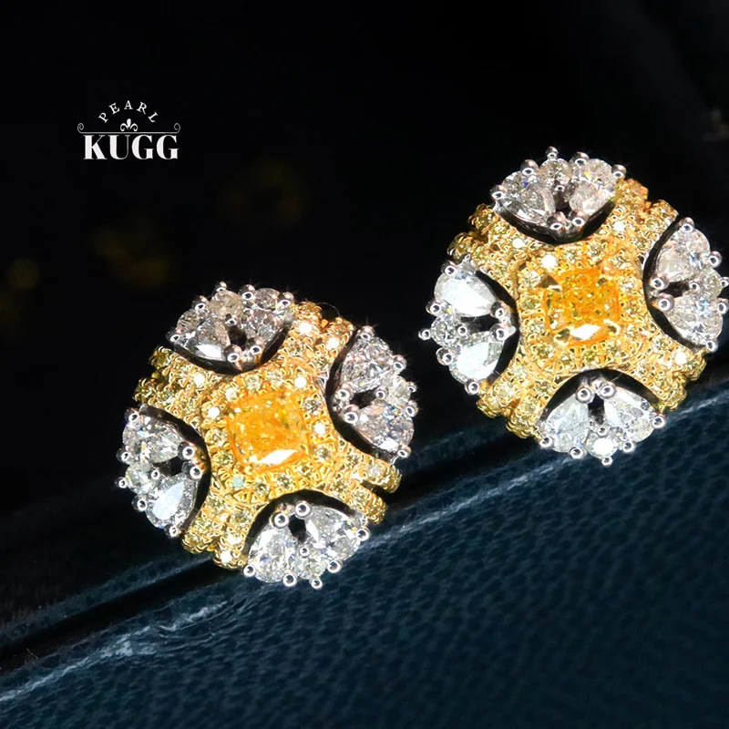 

KUGG 100% 18K White Gold Earrings Luxury Elegant Style Real Natural Yellow Diamond Stud Earrings for Women Senior Banquet