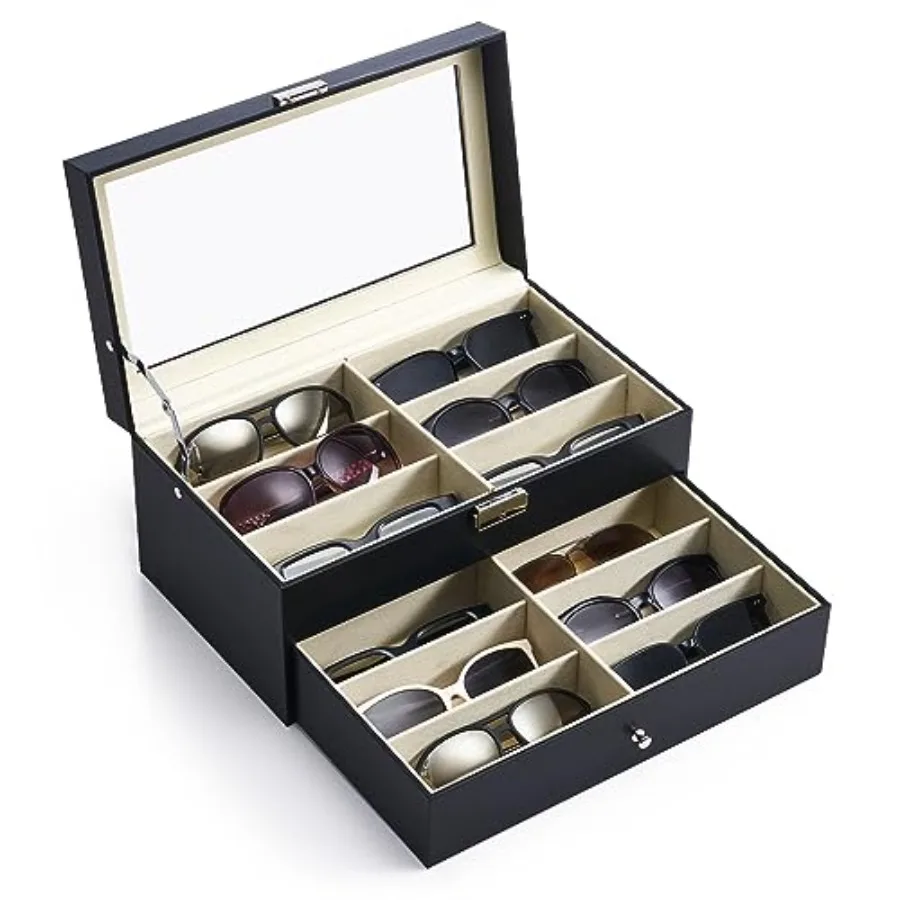 Sunglasses Organizer with 12 Slots, Multiple Eyeglasses Eyewear Display Case for Women Men, 2 Story Leather Multi Sunglasses Je