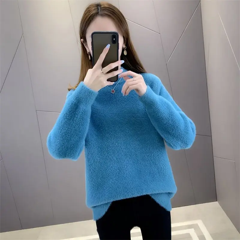 

Autumn Winter Fashion New Women's Sweater Korean Pullover Solid Color Imitation Mink Velvet Cashmere Loose Thicken Q675