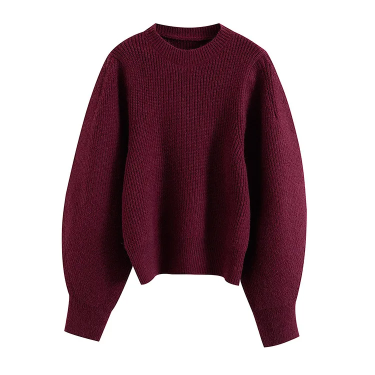 Women Long Sleeve Curve Chunky Crew Neck Rib Jumper  Burgundy  Pullover Sweater