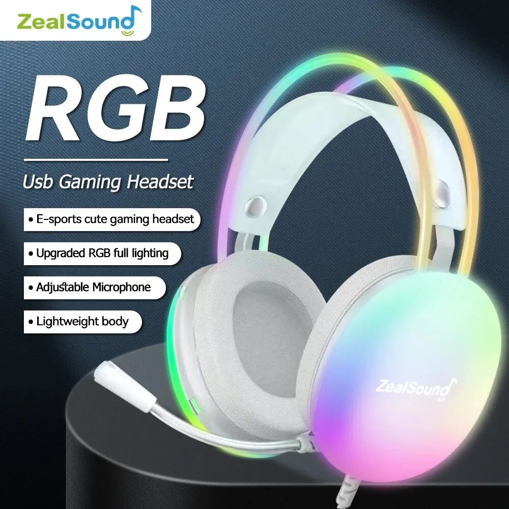 Zealsound RGB USB Gaming Headset For PC Laptop PS4 PS5 Wired Headphones With Mic Bass Surround Over Ear Full Light Earphone S600