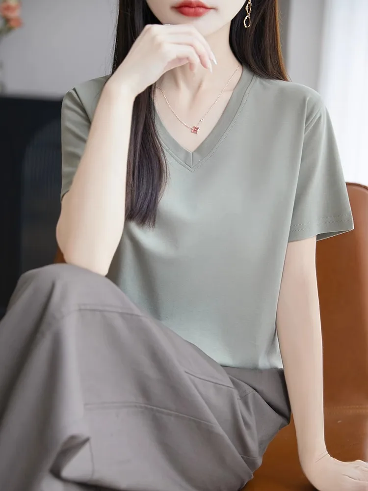 Czysta bawełna, dzianina w kształcie litery V, luźna koszulka damska na lato, oddychająca, wyszczuplająca, przeciwstarzeniowa, koszulka bazowa z odkrytymi ramionami...