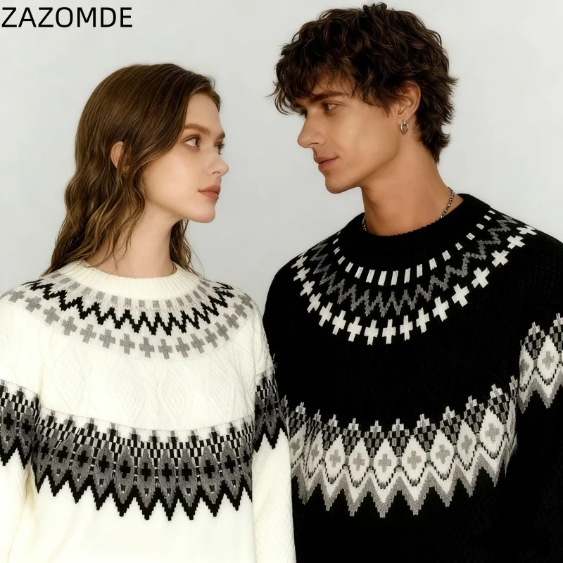 ZAZOMDE Ethnic Stripe Sweater For Women Men Chunky Knit Pullover Folk Art Colors Bohemian Style Soft Yarn Made Couple Matching