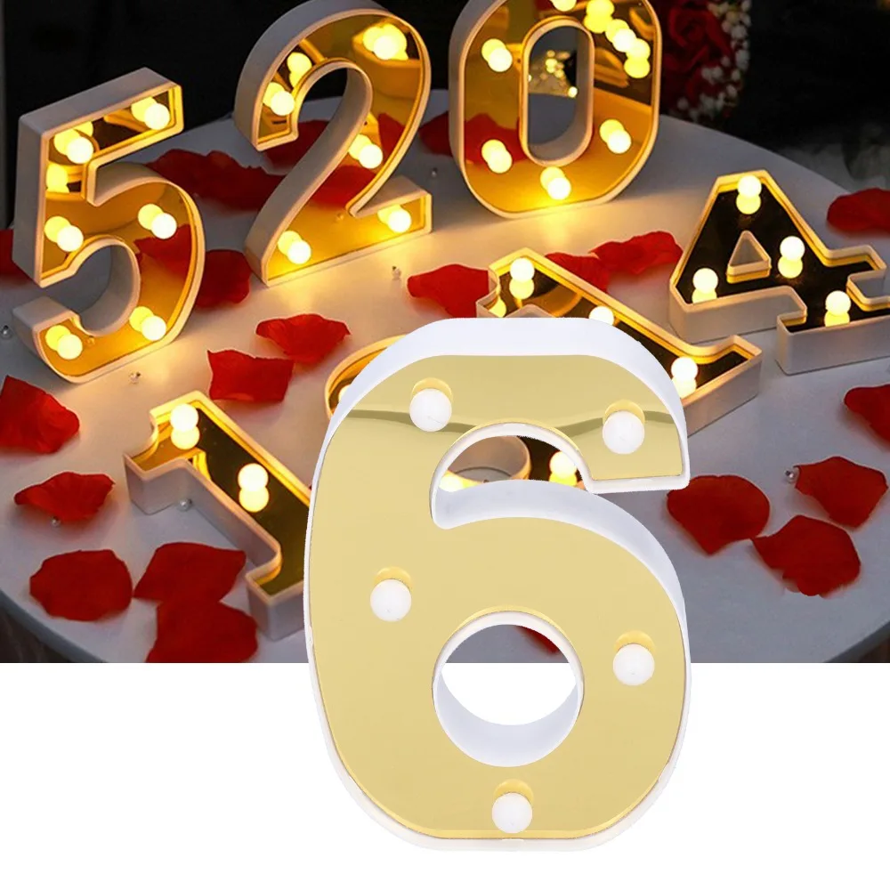Festive Number 6 Sign Lamp Warm White Light Battery Powered Light Up Number Sign 6 LED Gold Number Lamp Home Bar Decoration