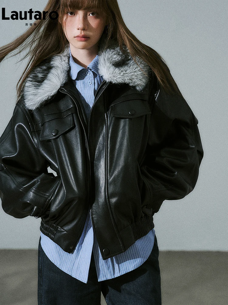 

Lautaro Autumn Thickened Warm Short Brown Soft Pu Leather Jacket Women with Detachable Faux Fur Collar Zipper Runway Fashion